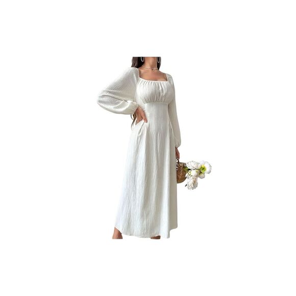 Textured Cross Tie Lantern Sleeve Dress, Elegant Square Neck white Solid Color s - Picture 1 of 5